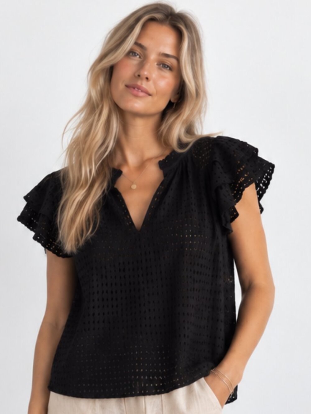 1.STATE Eyelet Flutter Sleeve Split V-Neck Boho Blouse Black Size S NWOT